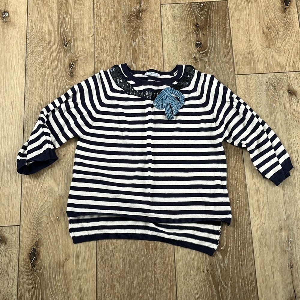 Mayoral Navy Blue & White Striped Sweater with Sequin Bow Detail